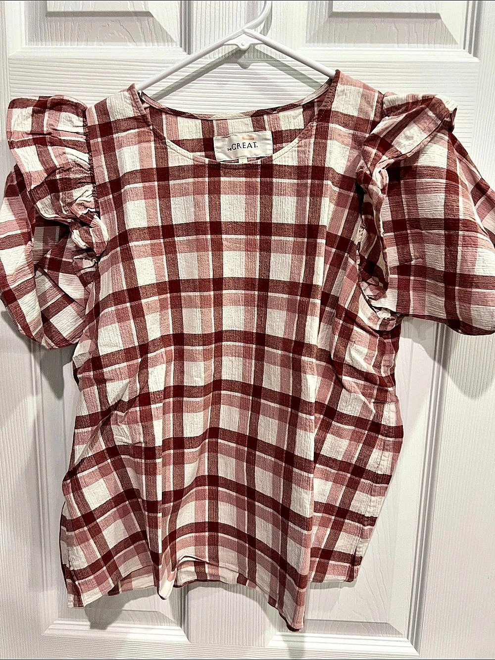 The GREAT. The Whisper Shirt. Plaid Ruffle Sleeve Blouse Red & White Size 2